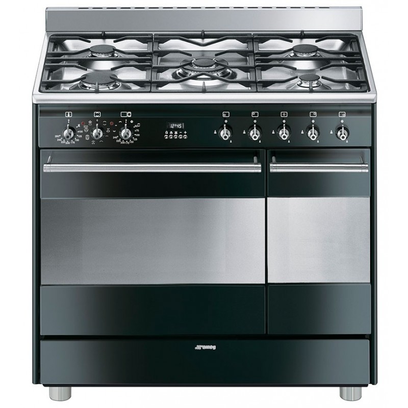 fornuis pyrolyse smeg 90 cm gaskomfur med 2 ovne i flot sort farve fornuis pyrolyse smeg 90 cm gaskomfur med 2 ovne i flot sort farve